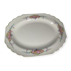 Vintage W.S. George Floral Rim Serving Platter with Pink Flowers Gold Trim
